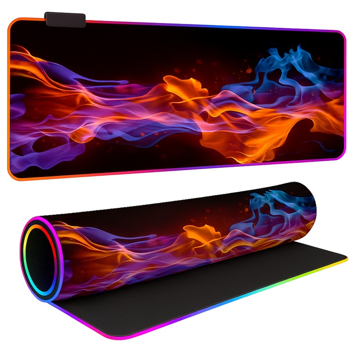 MousePad Gaming Profesional TNS®, Cauciucat, 4 Moduri Iluminare LED, Conectare USB, 7 Culori, Anti-Derapant, Cusaturi Anti-Rupere, Viteza de Alunecare Marita, Model Fire&Ice 3D, 90x40 cm