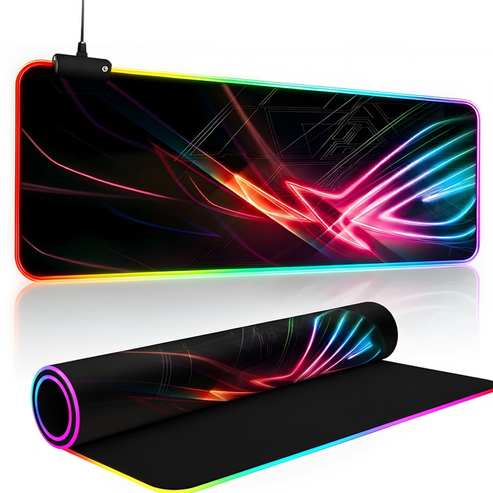 MousePad Gaming Profesional TNS®, Cauciucat, 4 Moduri Iluminare LED, Conectare USB, 7 Culori, Anti-Derapant, Cusaturi Anti-Rupere, Viteza de Alunecare Marita, Model Neon Strike, 80x30 cm