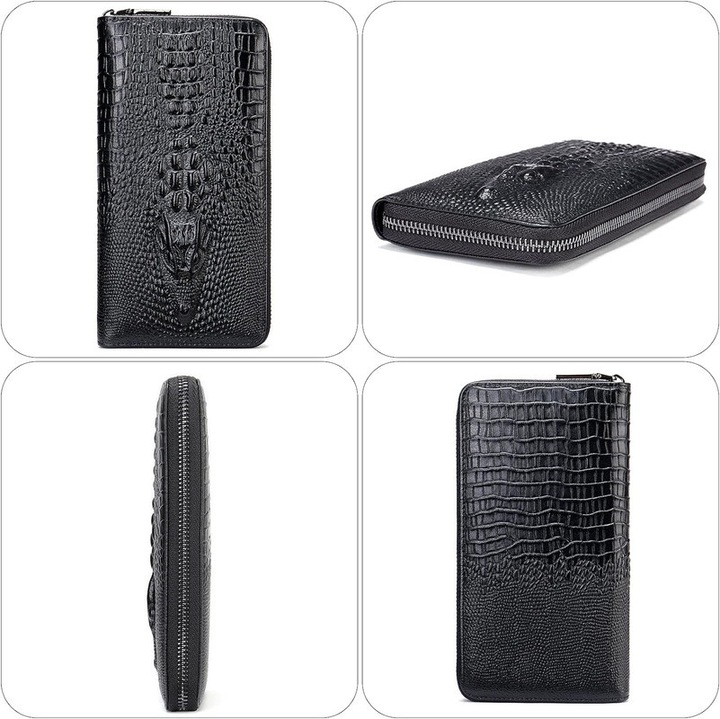 Мъжки портфейл Joyoy®, от естествена кожа, с цип, 12 слота за карти, черен, 10.7x20.3см