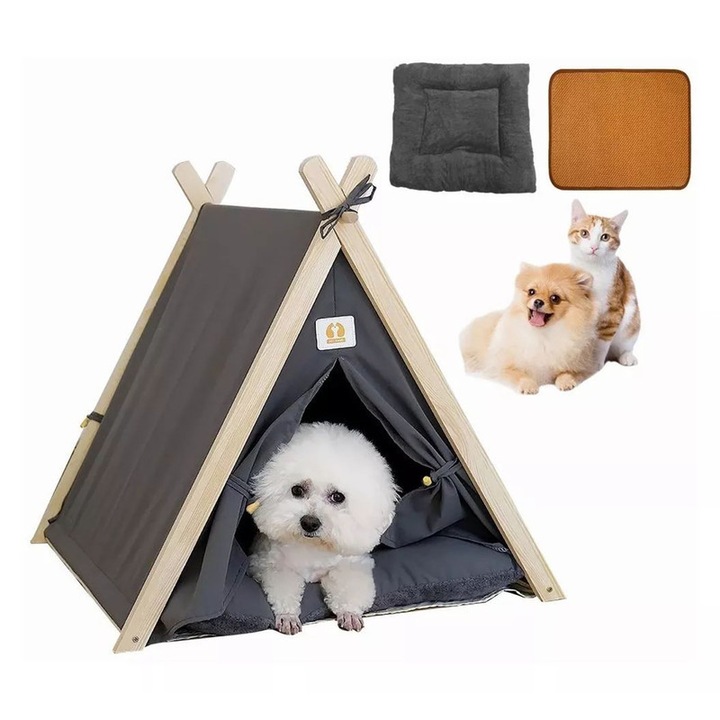 Culcus pentru animale Joyoy®, cort portabil cu perna groasa, gri, 100% bumbac, dimensiuni usor de asamblat