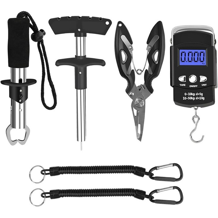 Joyoy® horgászkészlet, digitális hordozható mérleg, horogkiszedő, halcsipesz, 2 zsinór, 50kg, rozsdamentes acél