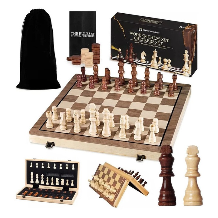 Комплект магнитен дървен шах, Joyoy®, 39x39см, сгъваем, с 2 допълнителни царици