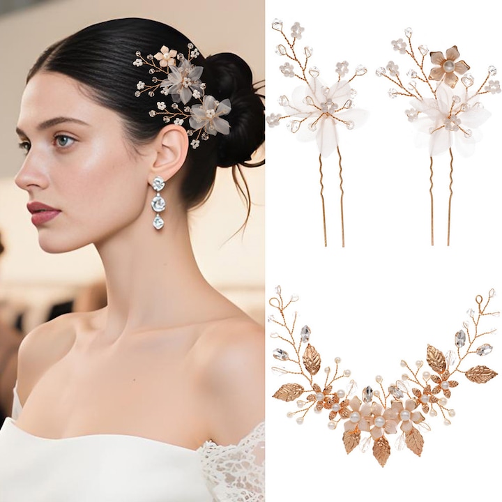 Accesoriu de par potrivit pentru nunta, mireasa, tip pieptene/ac de par in forma de floare, BOMSTOM, 3 Piese, Auriu