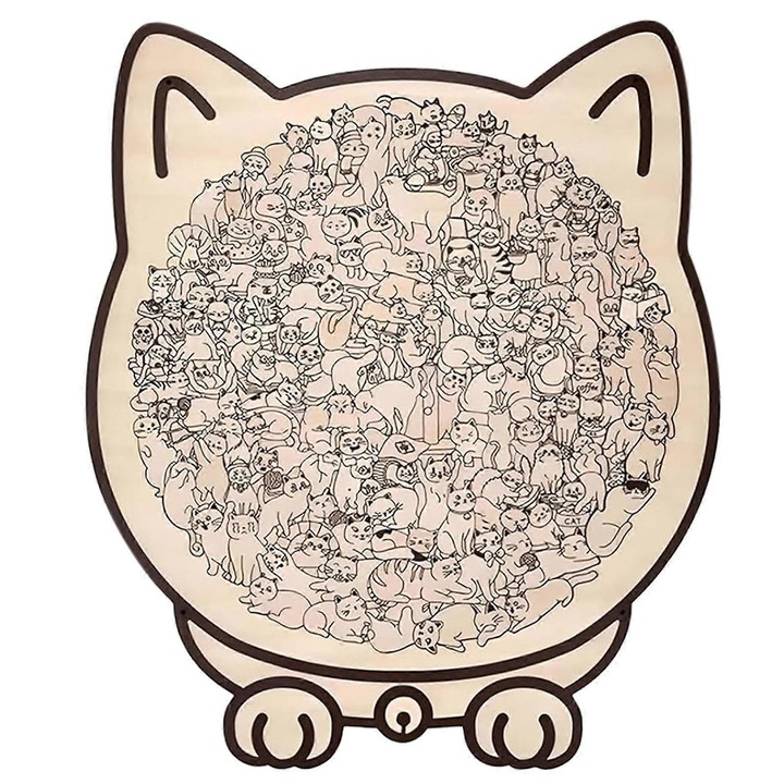Puzzle din lemn in forma de pisica, 135 piese, design Morandi, 23.7x21.8cm, set decorativ pentru iubitorii de pisici