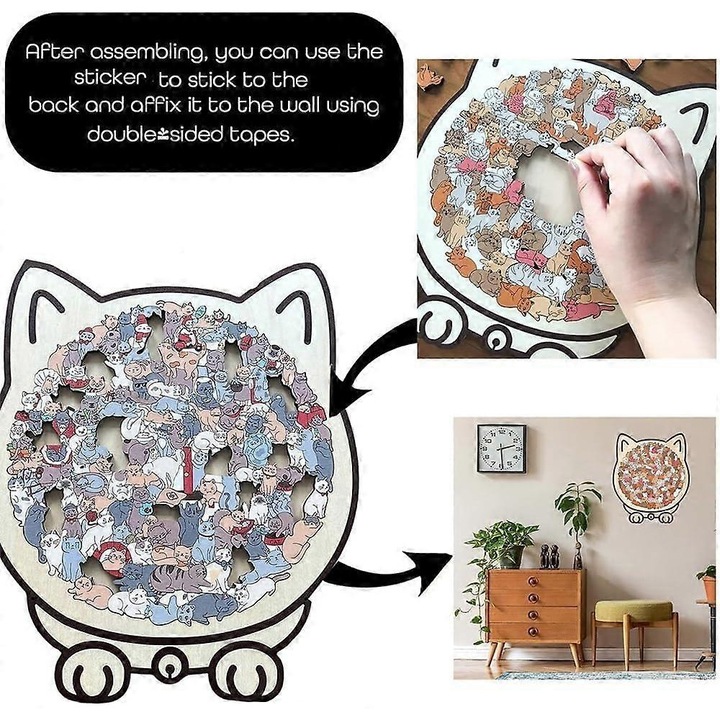 Puzzle din lemn in forma de pisica, 135 piese, culori Morandi, 23.7x21.8cm, set decorativ pentru iubitorii de pisici