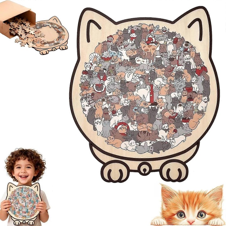 Puzzle din lemn in forma de pisica, 135 piese, design Morandi, 23.7x21.8cm, set decorativ pentru iubitorii de pisici