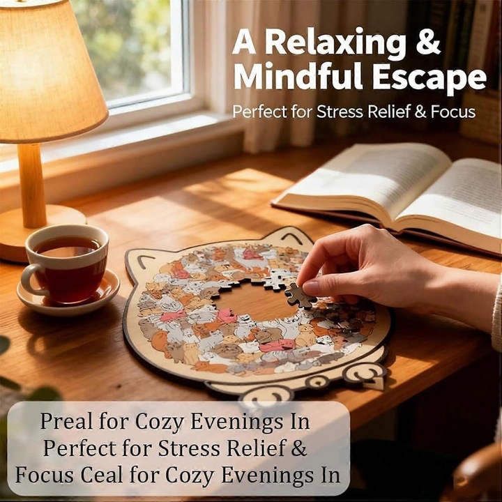 Puzzle din lemn in forma de pisica, 135 piese, culori Morandi, 23.7x21.8cm, set decorativ pentru iubitorii de pisici