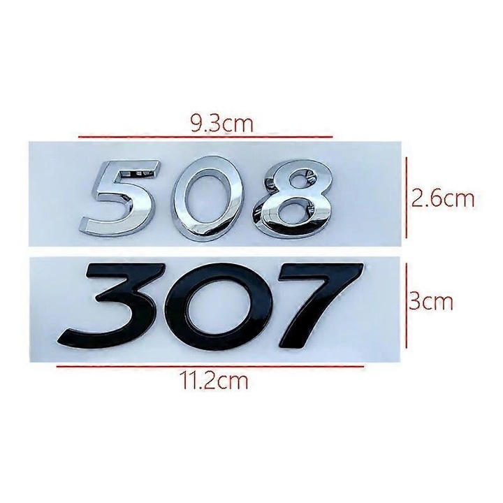 Decal 3D pentru portbagaj Peugeot, litere autocolant, negru, dimensiuni 93x26mm si 112x30mm, set 1 bucata