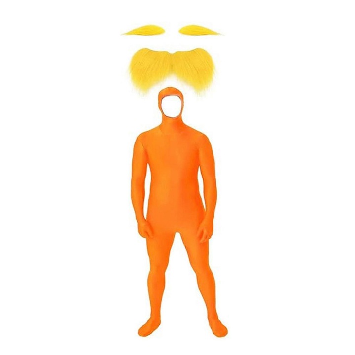 Costum tangerine, set 1, cu salopeta cu fata deschisa, mustata si sprancene galbene, adult, 180cm