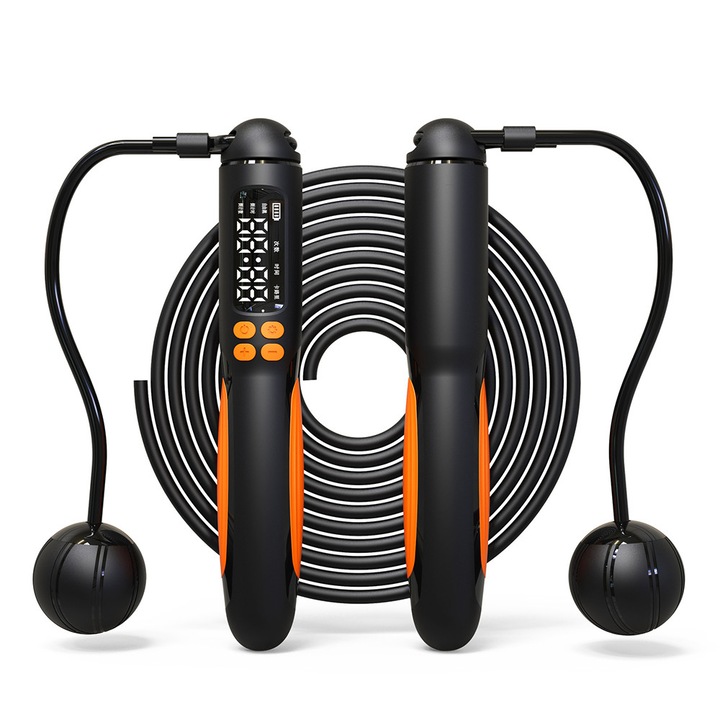 BOMSTOM Intelligens ugrókötél, LED kijelző, Vezeték nélküli/vezetékes 2 mód, Újratölthető fitness kötél számlálóval, Állítható gubancmentes PVC, Férfiaknak, nőknek és gyerekeknek, beltéri/kültéri használatra, Fekete/Narancs