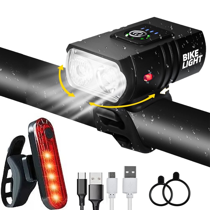 Set lumini bicicleta noapte mini - LED frontal USB, 2 lumini, rezistent la apa, pentru adulti/copii