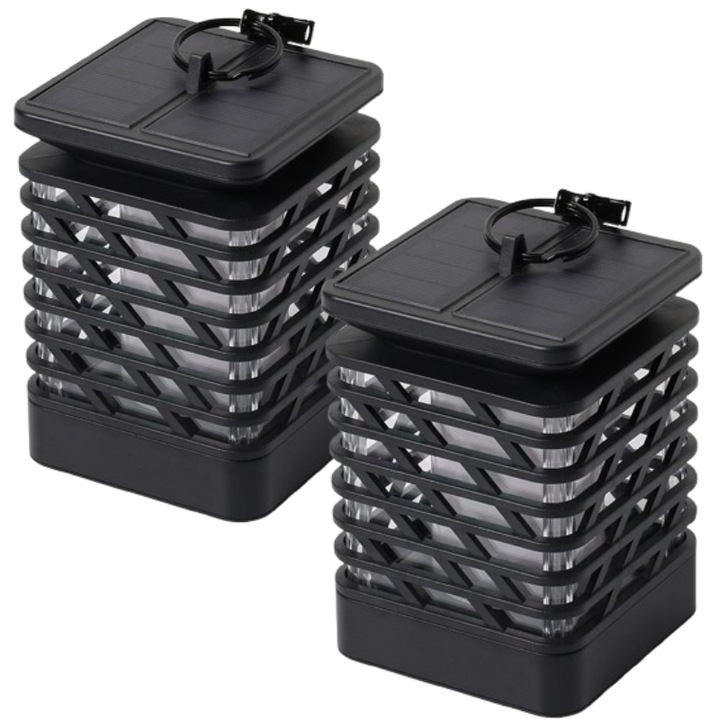 Set 2 Lampi Solare SELLING DEPOT, Tip Flacara, Design Elegant Negru, 90x90x145mm, ABS Durabil, Baterie Reincarcabila 600mAh, Efect Flacara Realist, Lumina Calda 1400K-1600K