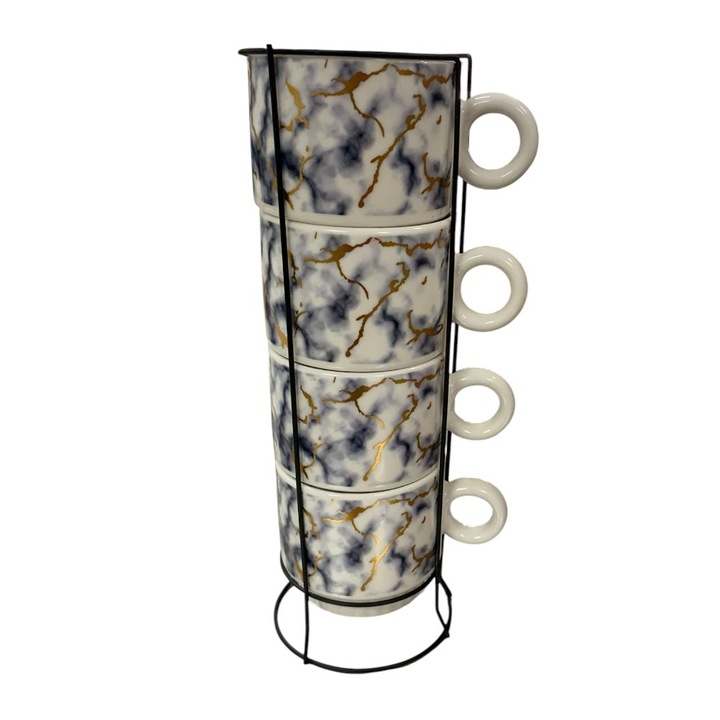 Set 4 Cesti din Ceramica cu Suport Metalic, 220 ml, Model Marmura