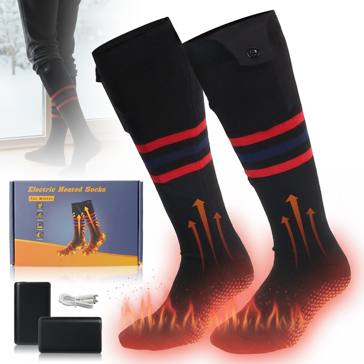 Нагряващи чорапи Anikers, 3 степени, черни, 41-46, 35x22см, комплект с батерии 5000mAh