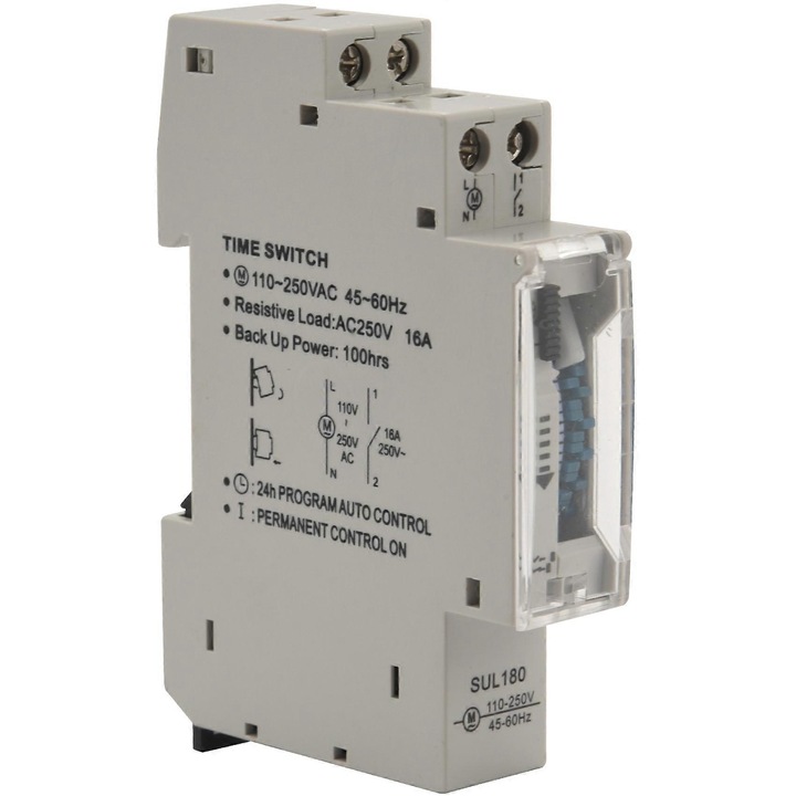 Comutator temporizator mecanic SUL180a, 24 ore, 15 minute minim, alb-gri