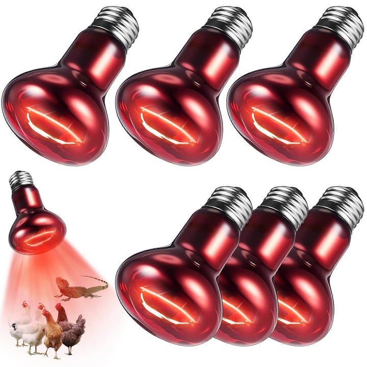 Lampa cu infrarosu pentru reptile, 75W, set de 6, eficienta energetica, E27, ideala pentru soparle si amfibieni