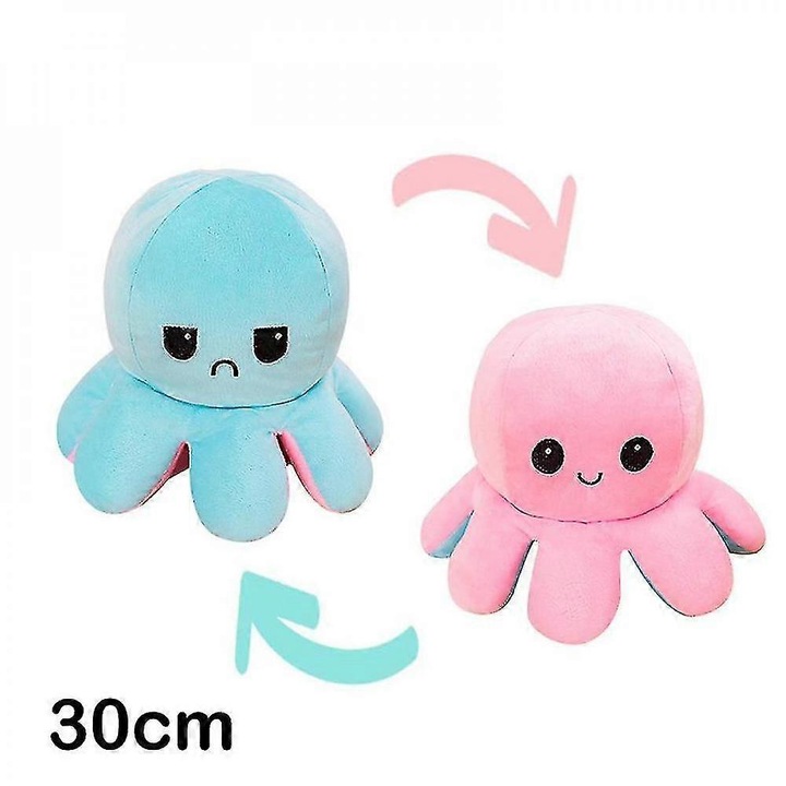 Dolla de plus reversibila, 30/40cm, octopus, doua culori, albastru deschis si roz, set de jucarii de plus