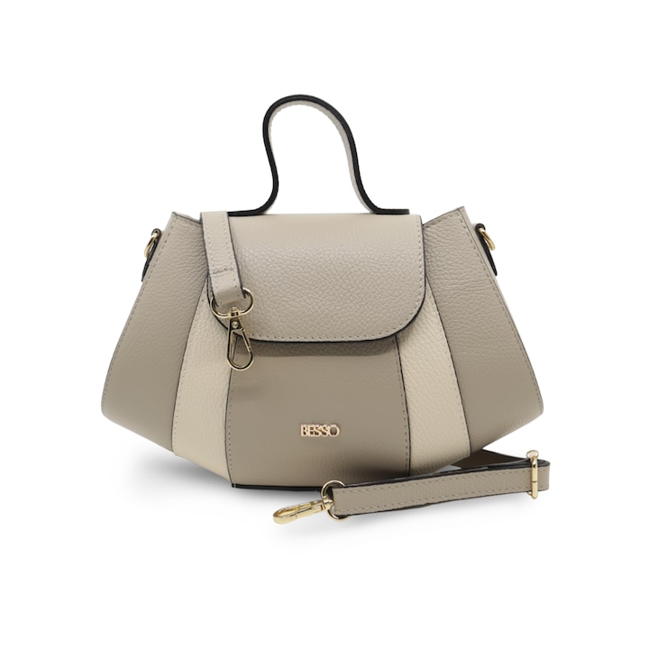 Geanta de mana BESSO Fiaba Moderna, piele naturala, gri cu ivoire, 29x19x10cm