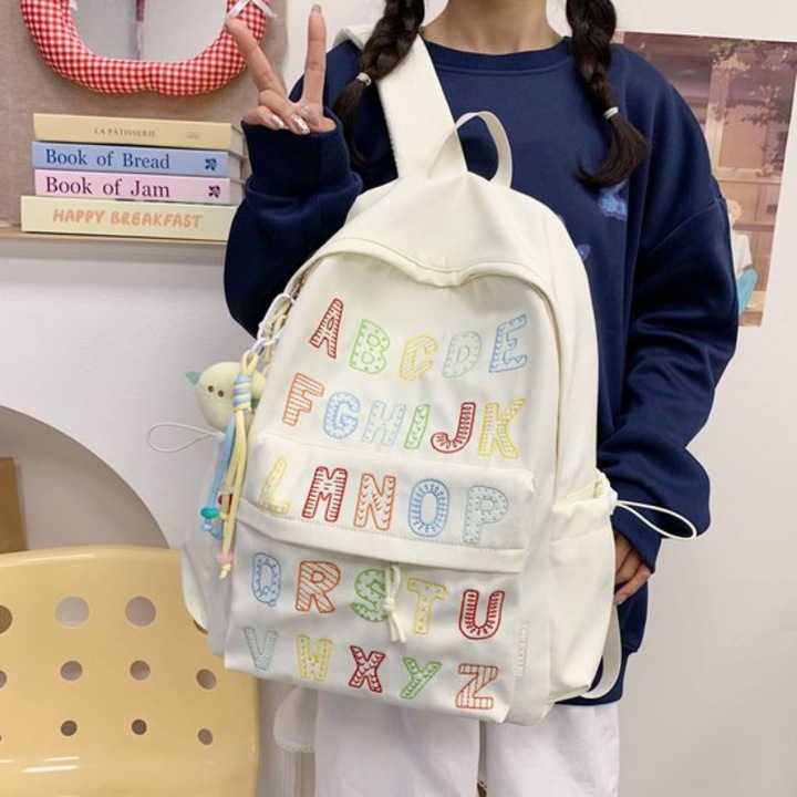 Ghiozdan alb cu imprimeu literar, 32x15x44cm, usor si spatios, pentru scoala si utilizare zilnica