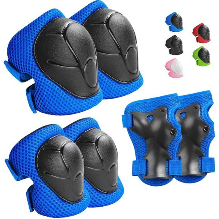 Set de protectie pentru copii, 6 piese, genunchiere, cotiere, protectii pentru incheieturi, ajustabile, multicolor, marime S/M