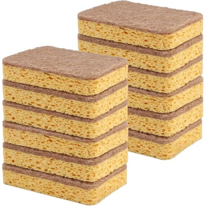 Set 12 bureti de spalat vase, bureti din fibre naturale, absorbanti, galbeni