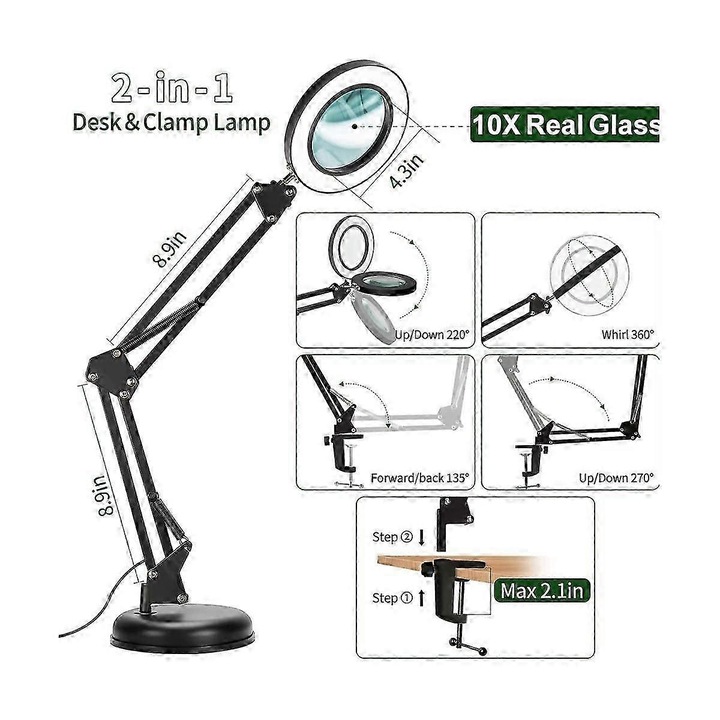 Lupa cu LED si suport, 10x, 3 moduri de culoare, neagra, 20 inch