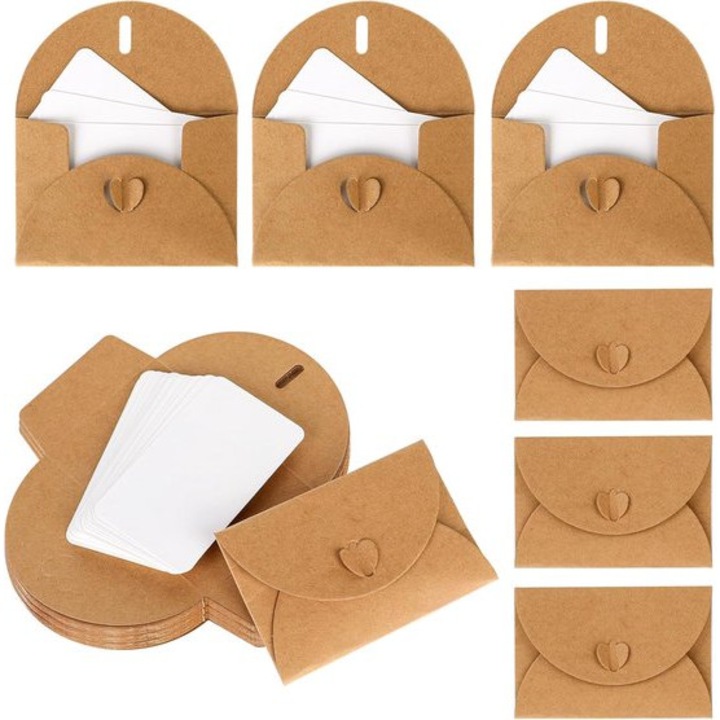 Set 50 plicuri cu 50 carti mini albe, sigiliu in forma de inima, 10.5x7cm, 9x5.2cm