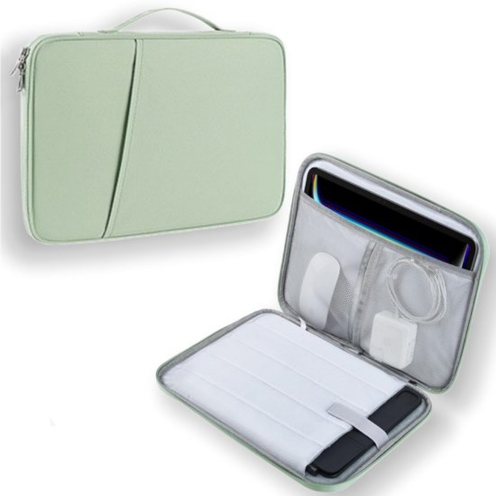Husa pentru laptop/tableta K0443-emagCJ-47621, rezistenta la apa si la socuri, captuseala moale si multiple compartimente, maner, deschidere 180°, verde menta, pentru 12,9–13 inch