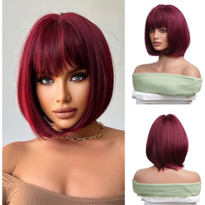 Peruca scurta ondulata pentru femei, roz, 30 cm, din fibre sintetice rezistente la caldura