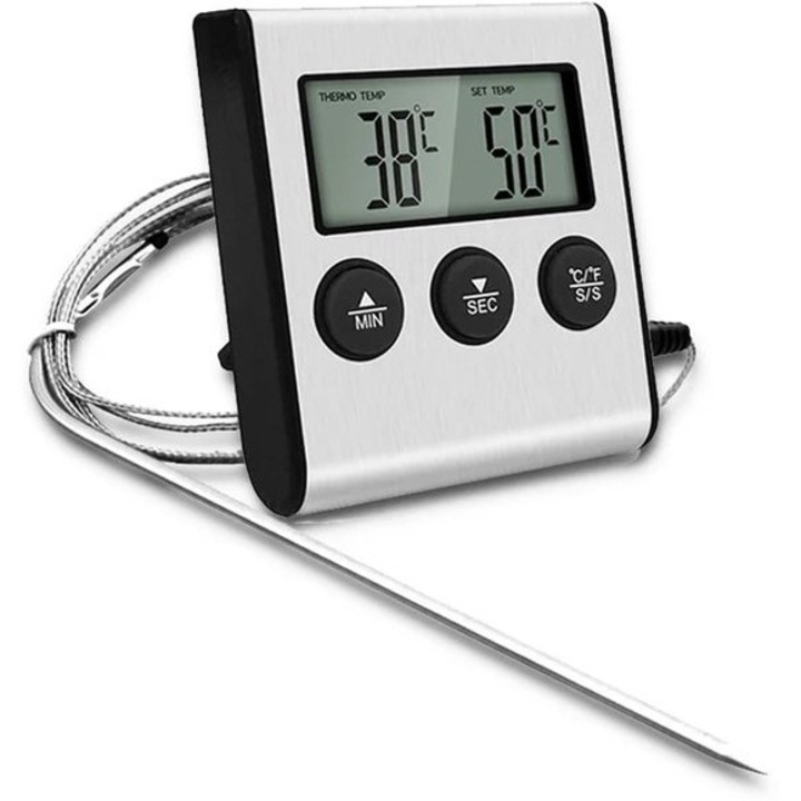LED цифров термометър със сонда и таймер, 0-300°C, магнитен, черен
