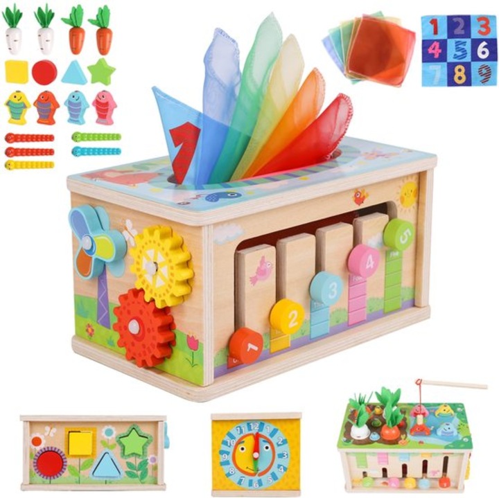 Cutie educativa 6 in 1 din lemn cu ceas si sortator de forme, jocuri pentru dezvoltarea cognitiva, multicolor, 36 luni+