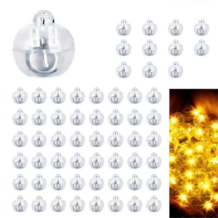 Set 60 lumini LED mini, alb cald, pentru baloane, lanterna, 1.4cm