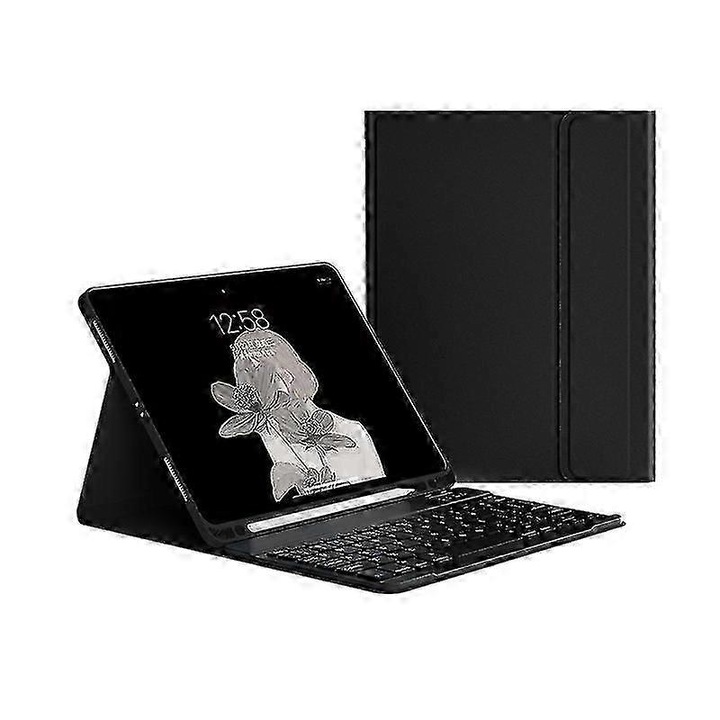 Vezeték nélküli billentyűzetes tok Apple iPad 10.2 inch-hez, ultravékony design, állítható támaszték, fekete