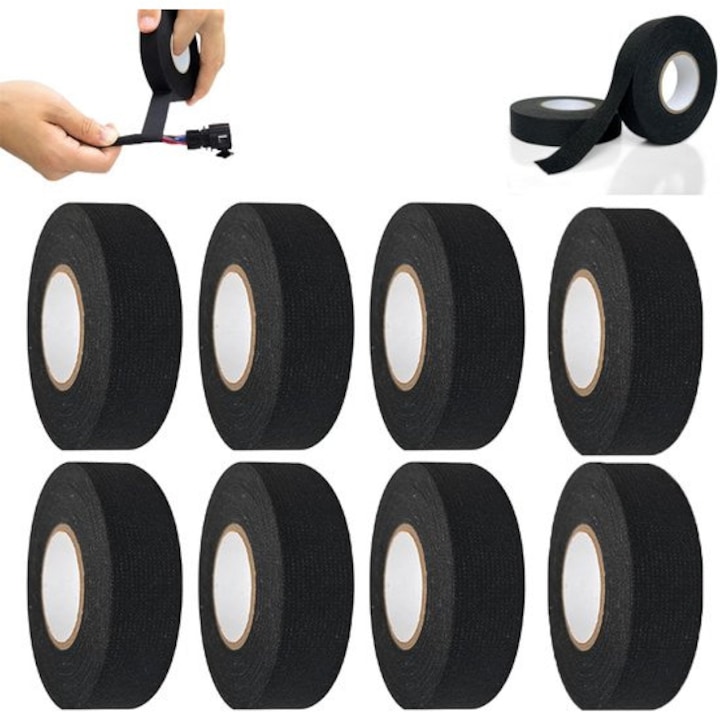 Banda textila izolatoare K0443-emagCJ-19897, 19 mm x 15 m, rezistenta la temperaturi -40°C pana la 150°C, adeziva pentru organizare si izolare cabluri auto/moto, negru, set 8 role