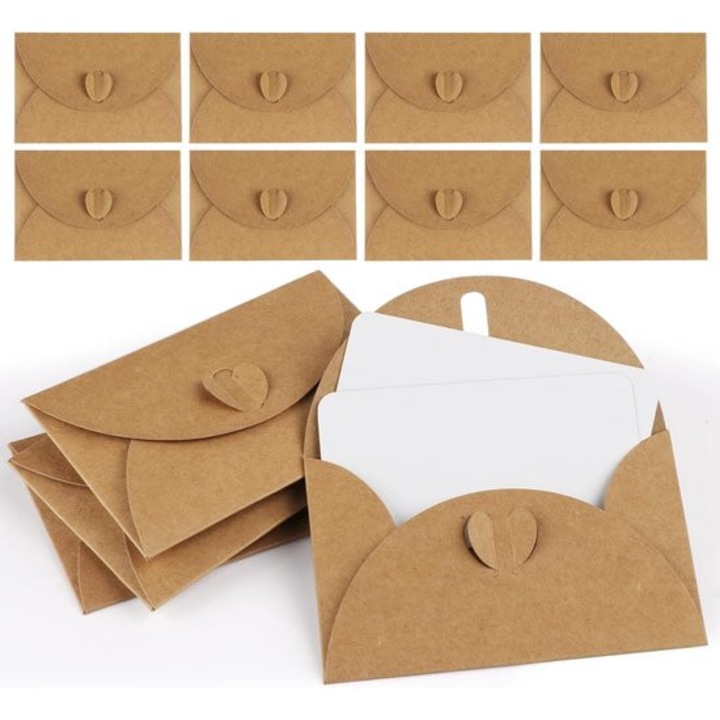 Set 50 plicuri mini si 50 carduri, hartie kraft, inima, 10.3x7cm