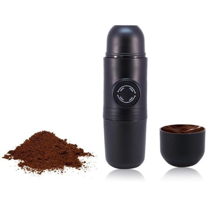 Aparat de cafea portabil manual K0443-emagCJ-9648, piston semi-automat, capacitate 140 ml, negru, 20 x 6 cm