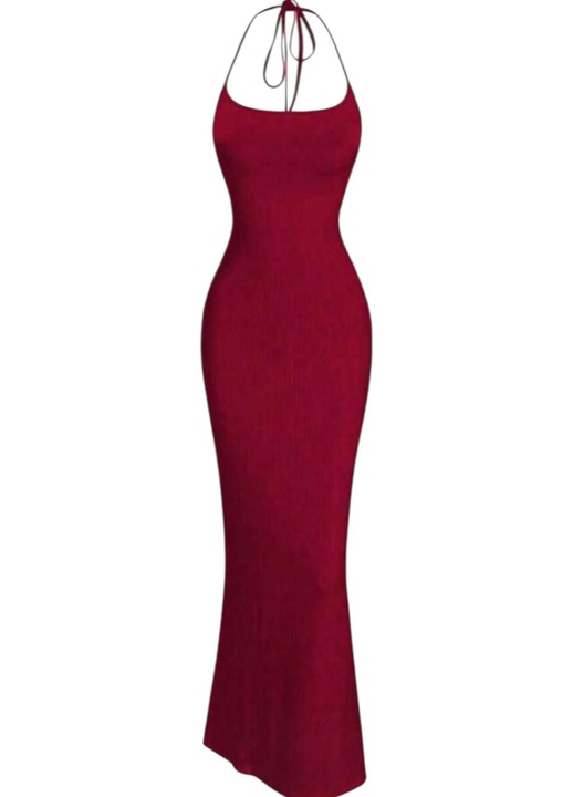 Rochie eleganta, rosie, lunga, fara maneci, cu snur dupa gat, S