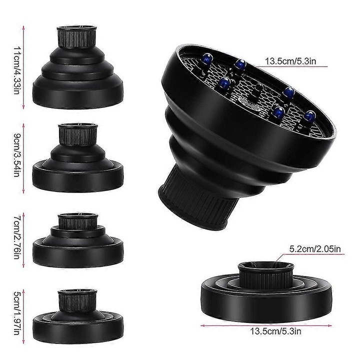 Összecsukható hajszárító diffúzor, fekete, 138x138x50mm, 1 db-os készlet.