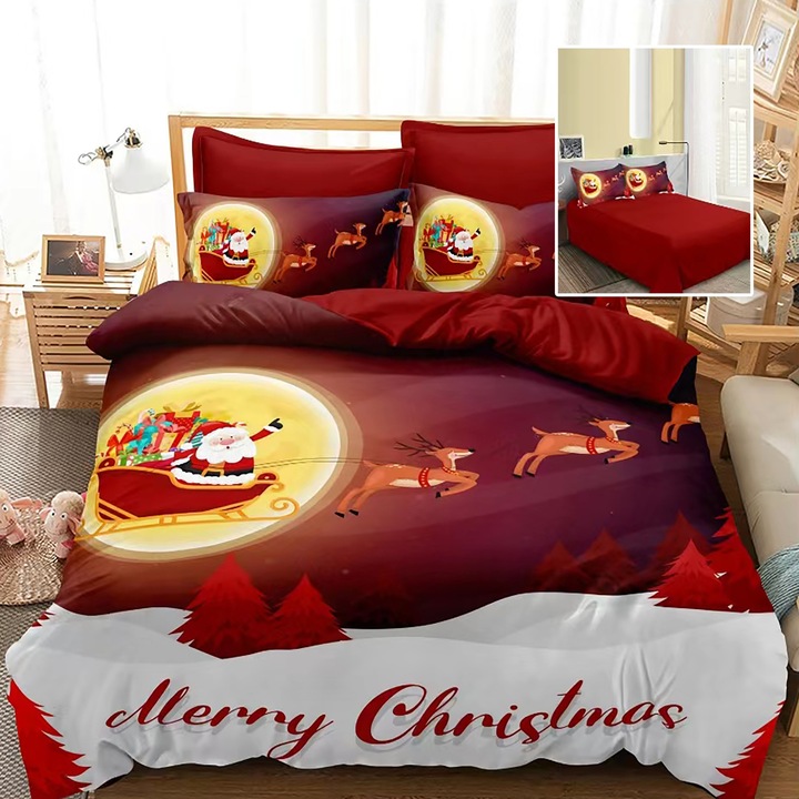 Lenjerie de pat din finet Ralex, Craciun, 6 piese, 230x250cm, multicolor