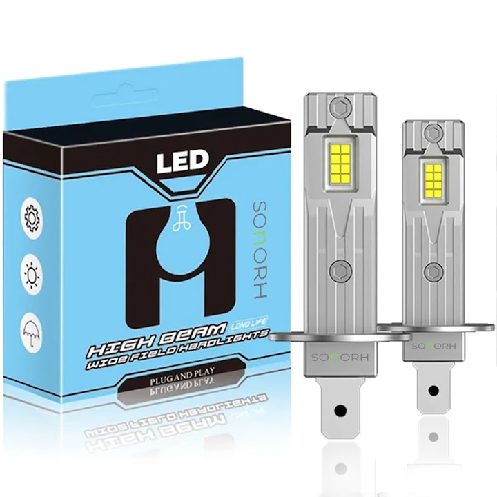 Set 2 Becuri LED Auto H1, 140W, 28000lm, 6500K Alb Rece, IP68, Plug & Play, Fază Lungă/Scurtă, SONORH