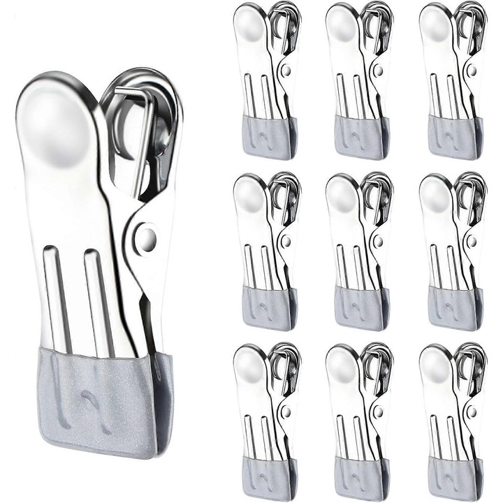 Clipsuri pentru rufe din otel inoxidabil, set 10 bucati, rezistente la apa, gri