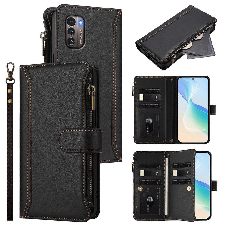 Penare cu inchidere magnetica, 9 sloturi pentru carduri, cu fermoar, culoare neagra, dimensiuni 10x15x2cm