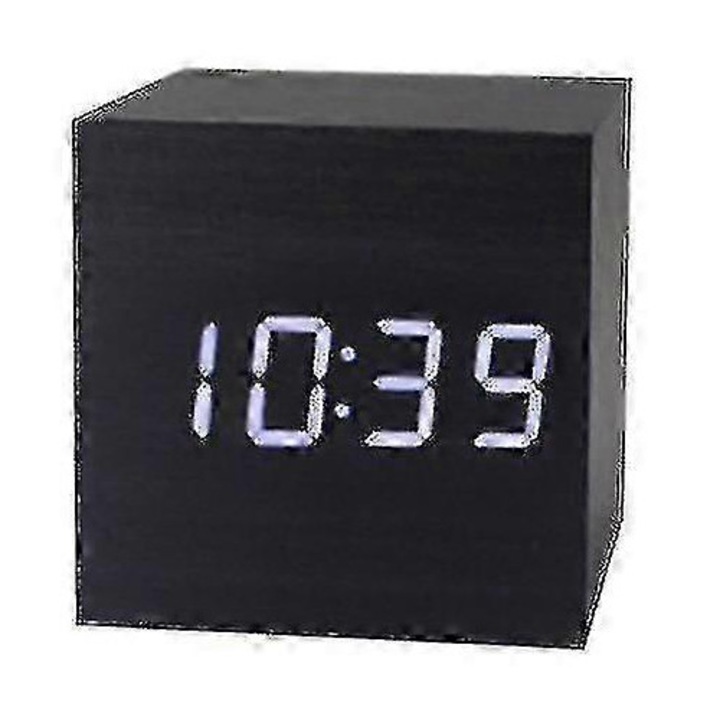 Ceas de alarma cubic din lemn, afisaj LED, functie activata prin sunet, 65x65x65mm, multicolor