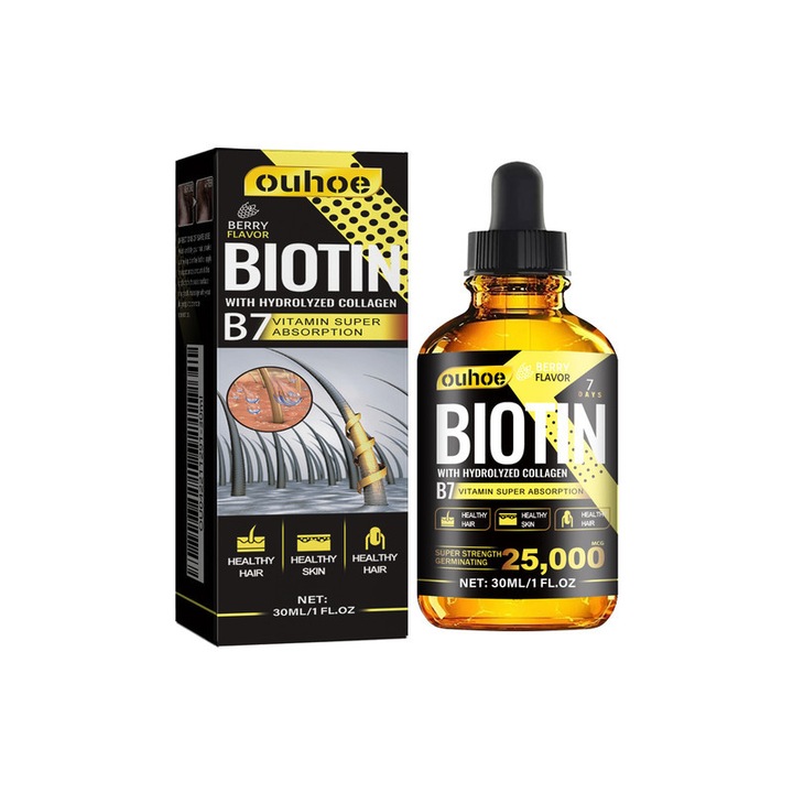 OUHOE hajkezelés Biotinnal, Kollagénnel és Áfonya kivonattal, 30 ml, hajhullás csökkentésére és száraz haj javítására
