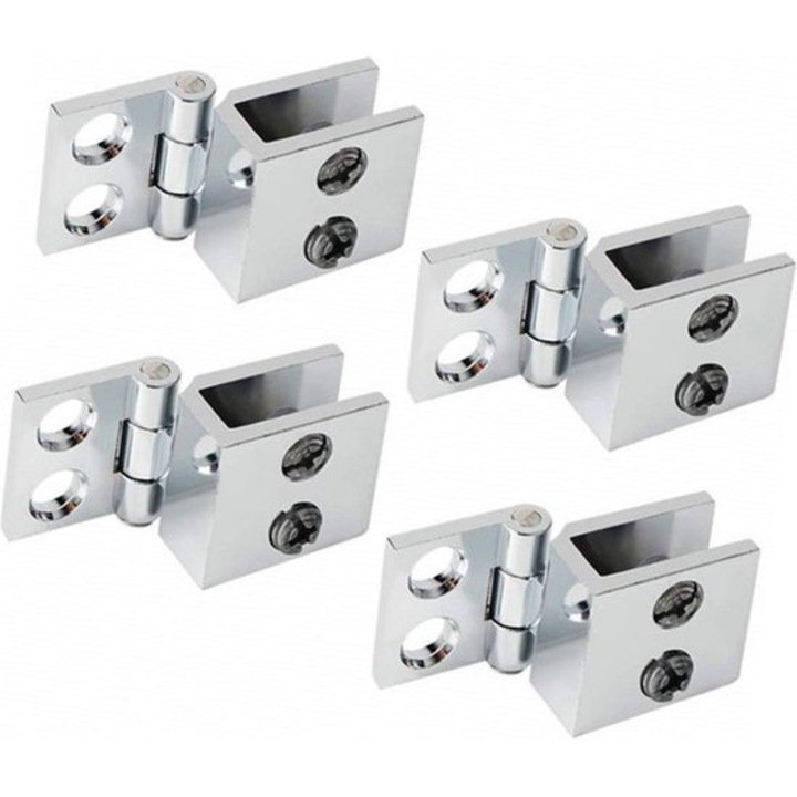 4 db egyoldalas zsanér készlet, 135°, cinkötvözet, ezüst, 30x25x23mm, 5-8mm vastag üveghez