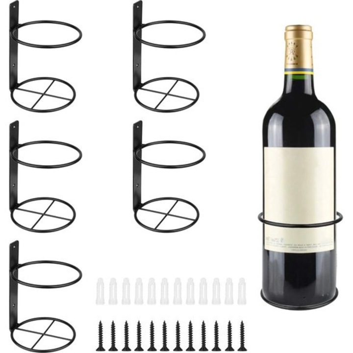 Set suporturi pentru vin, 6 piese, metal, design spiral, negru, montare pe perete