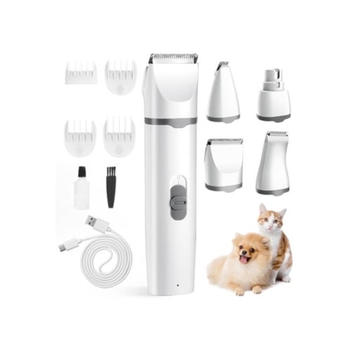 Masina de tuns pentru animale de companie 4 in 1, gri, USB reincarcabil, cu 4 capete multifunctionale