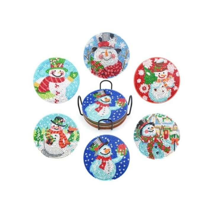 6 darabos poháralátét készlet tartóval, gyémántfestés, hóember design