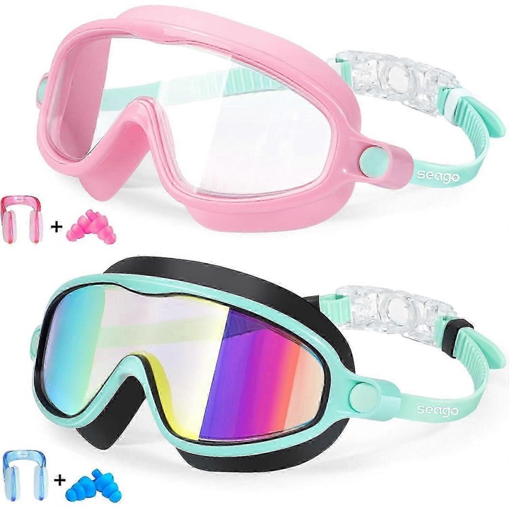 Детски очила за плуване, комплект 2 броя, розови и сини огледални, 3-14 години