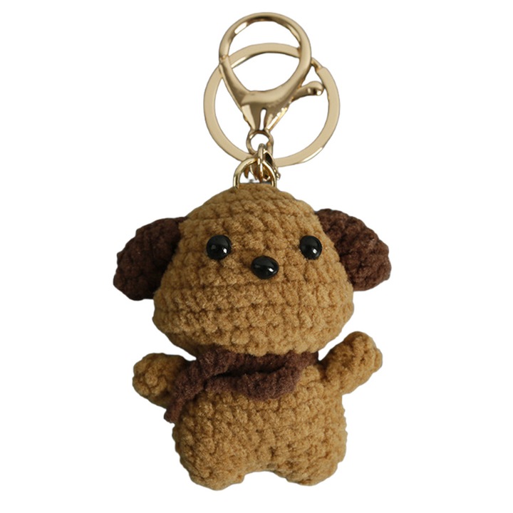 Barna, horgolt kutyus kulcstartó 5x4x3cm, gyapjúból